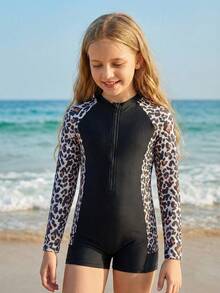 SHEIN Emery Rose Kids 女童休闲度假泳衣，黑色豹纹拼接拉链连体泳衣，修身长袖连体泳衣，休闲度假，适合春夏旅行、海滩度假 - 黑色 - 查看 3