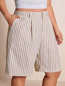 Elaquor Quần short nữ cỡ lớn kẻ sọc có túi, xếp ly, kiểu dáng thường ngày, đa năng. - Nhiều màu - Xem 7