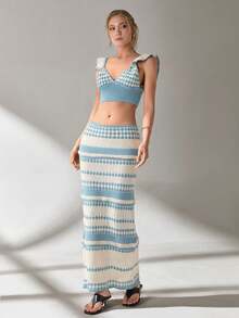 SHEIN Cottnline Women Top And Skirt Openwork Sweater Cover Up Set - Baby Blue - View 4