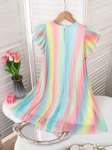 Girls' Chiffon Rainbow Print Cutout Neck Cap Sleeve A-Line Dress, Playful & Elegant, Suitable For Beach, Daily, Party Occasions - Multicolor - View 2