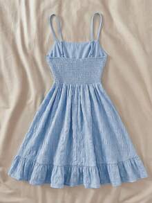 SHEIN 少女夏季休闲度假纯色荷叶边无袖吊带连衣裙，适合夏季约会之夜、海滩度假、女生郊游、海滩度假装扮、女士太阳裙 - 藍色 - 查看 2