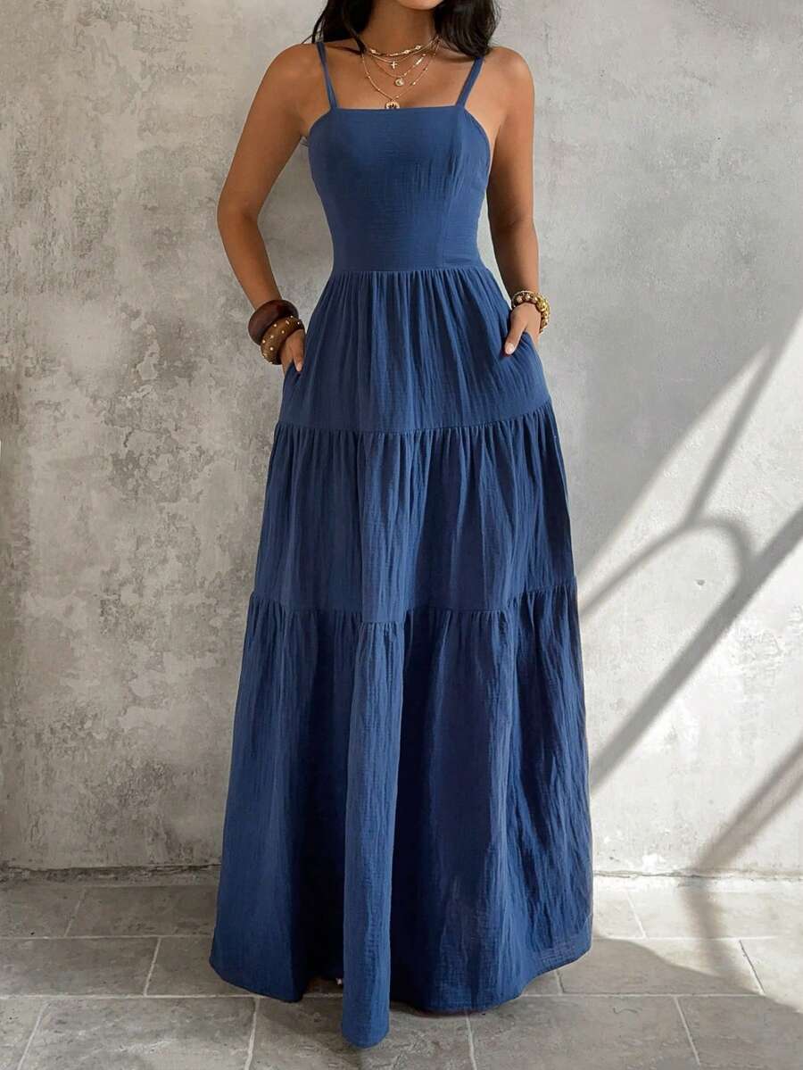 Sunnyshic 女士牛仔超长高开衩连衣裙 - 藍色 - 查看 1