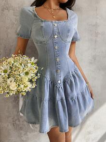 Sunnyshic 女士牛仔超长高开衩连衣裙 - 藍色 - 查看 6