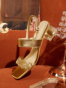 CUCCOO TILAWA 女士华丽水钻方跟高跟凉鞋 - 香檳色 - 查看 6