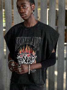 NEON BLANC Men's Casual Loose T-Shirt, Black, Washed Graphic Print - Black - View 3