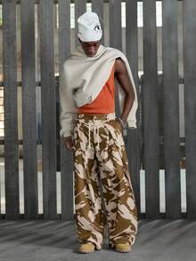 NEON BLANC 男士标准尺码全印花褶裥阔腿宽松时尚裤 - 棕色 - 查看 6