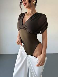 Rafferiza New Stylish Elegant V-Neck Patchwork Bodysuit - Army Green - View 3