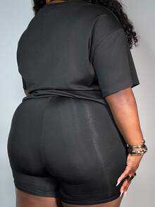 Truni Camiseta holgada de manga corta y cuello redondo con estampado de labios vintage para mujeres de talla grande, adecuada para el verano - Negro - Ver 2