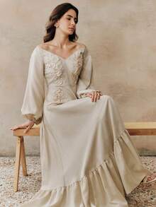 Anewsta 优雅春夏新款露肩泡泡袖长袖连衣裙，腰部饰有对称 3D 刺绣花卉，裙摆呈喇叭形，尽显优雅气质 - 杏色 - 查看 7