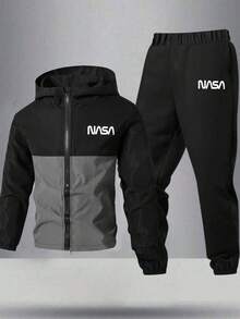 SHEIN Set de 2 piezas de chaqueta con capucha y pantalones deportivos informales con gráficos y colores contrastantes para niño preadolescente, adecuado para ir y venir, la escuela, uso casual, viajes, deportes, otoño/invierno - Negro - Ver 6