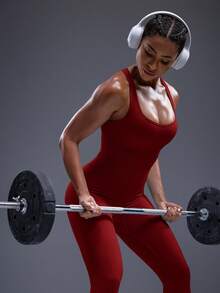 Powerista Women's Letter Pattern Hollow Back Seamless Shapewear Jumpsuit - Burgundy - View 5