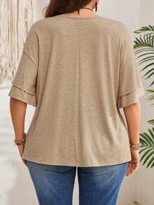 Rosumi Plus Size Women Solid Color Casual Loose V-Neck Ruffle Short Sleeve T-Shirt - Volcanic Gray - View 2