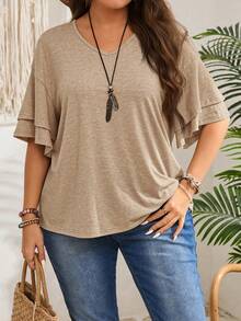 Rosumi Plus Size Women Solid Color Casual Loose V-Neck Ruffle Short Sleeve T-Shirt - Volcanic Gray - View 3