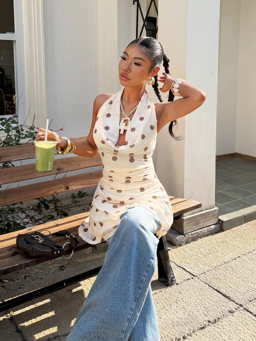 Muchica Summer Dresses Polka Dot Yellow Polka Dot Print Mesh Plunging Neck Backless Dress - Yellow - View 1