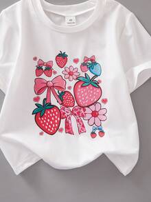 Souflis 女童甜美多彩蝴蝶结草莓印花圆领T恤搭配撞色格纹短裤，荷叶边设计，适合夏季穿着 - 白色 - 查看 4