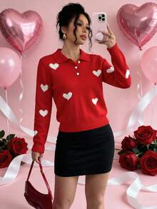 Chiquease Back-To-School Red And White Heart-Shaped Jacquard Pullover Sweater,Cute Autumn Long-Sleeved Round Neck Fitted Design For School,Parties & Weddings - Red and White - View 2