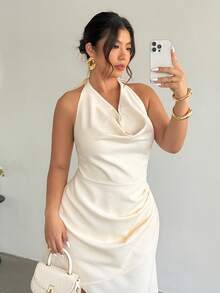 Firerie 大码女式纯色不对称下摆垂褶领连衣裙 - 杏色 - 查看 9