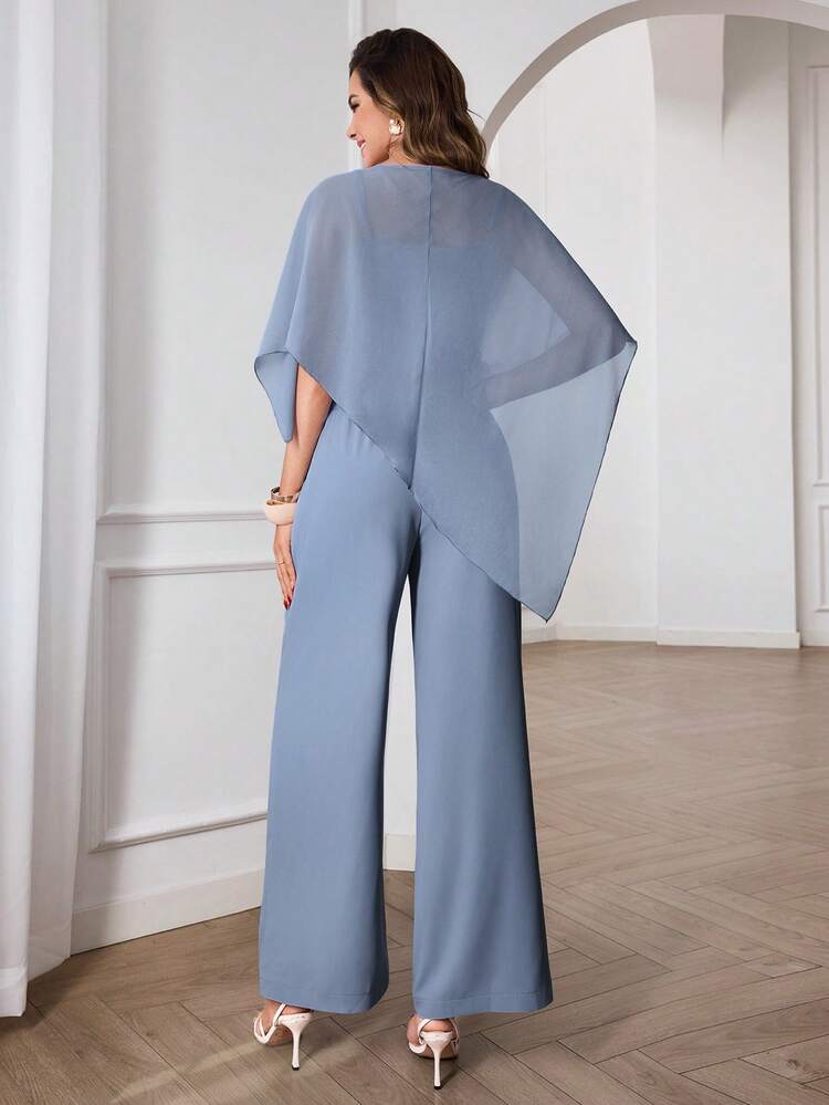 Women's Elegant Blue 2-Piece Chiffon Set,Asymmetrical Shawl-Sleeve Top & Wide-Leg Trousers,Mother Of Bride,Modest Autumn Summer Outfits For Vacations