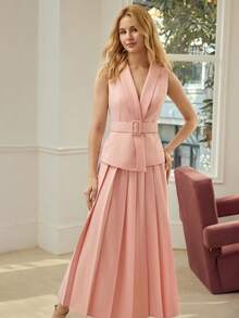 MOTF PREMIUM WOMEN'S SLEEVELESS BELTED MATCHING TOP + PLEATED MIDI SKIRT, COMMUTER OUTFIT - Watermelon Pink - View 6