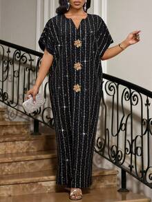 SHEIN Lady Đầm dự tiệc cocktail thanh lịch dành cho nữ với cổ áo hình trái tim, họa tiết hoa ánh kim, đính sequin và đường xẻ cao ở gấu đầm. - vàng đen - Xem 8