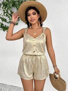 SHEIN Frenchy Plus Size Women Casual Gold Summer Elegant Holiday Vacation Holiday Metal Twist Strap Waist Jumpsuit Romper Short Spring/Summer Outfit - Gold - View 7
