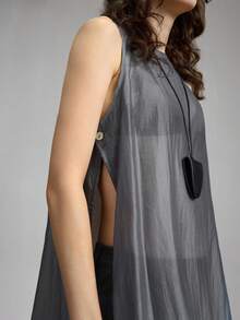 Ontre 女士圆领无袖半透明衬衫，侧边纽扣长款上衣，适合都市通勤、商务、休闲、圣诞节、新年派对等场合 - 灰色 - 查看 7