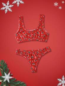 Notgurli 2 Stücke Weihnachts-Rüschen-Trim Allover-Muster süßer Weihnachts-Muster Lingerie-Set - BH und Slip für Frauen - Rot - Übersicht 2
