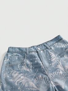 ROMWE Quần short Bermuda denim dáng rộng, họa tiết vỏ sò, có túi, dành cho nữ, kiểu dáng thường ngày. - Rửa nhẹ - Xem 3