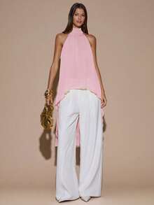 SHEIN BAE 性感简约纯色奶油黄雪纺吊带背心，适合派对、鸡尾酒会、正式场合、伴娘礼服、生日迷你裙、优雅雪纺上衣、圣诞节、宴会、商务休闲等场合。 - 淺粉色 - 查看 3