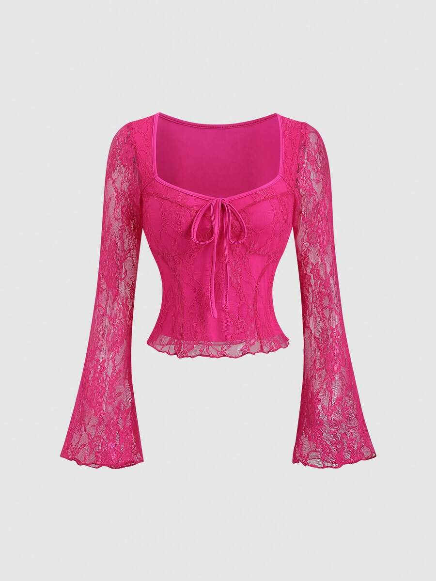 Sweetra Women's Sexy Lace Bowknot Front Square Neck Long Sleeve Top, Casual Y2K  - Hot Pink - View 1