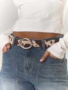 MUSERA Western Cow Print Silver Buckle Belt - Dark coffee wheat color - View 1