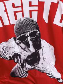 2件套青少年男童复古人像印花宽松休闲舒适T恤短裤套装，适合日常休闲和街头穿着 - 紅色 - 查看 7