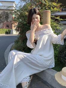 DAZY 两件套女士重工蕾丝拼接露肩上衣和阔腿裤套装 波西米亚风度假装 - 杏色 - 查看 4