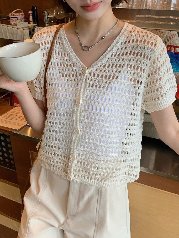 Women's Summer French Niche Design Single-Breasted V-Neck Thin Hollow Out Short Sleeve Knit Sweater Top