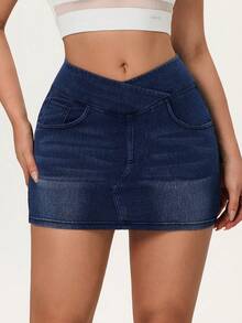 Flexra Women's Elastic Waist Fitted Denim Mini Skirt - Medium Wash - View 8