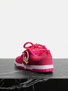 Vate Pink Casual Platform Sneakers For Women, Thick Sole Breathable Mesh, Rope Laces, Unique Wooden Decor, Versatile Streetwear, Daily Commute - Hot Pink - View 5