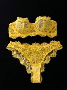 2pcs Women's Everyday Sexy Lace Lingerie Set - Yellow - View 3