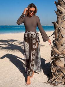 Swim Mulvari Women's Middle Eastern One-Piece Swimsuit, Digital Printed Skirt Bottom, Seashell & Nautilus Pattern, Elegant Brown Middle Eastern One-Piece Swimsuit - Brown - View 4