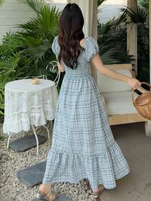 DAZY Đầm denim dài tay ngắn cổ vuông kẻ caro bằng vải denim dành cho nữ, kiểu dáng thường ngày, thích hợp cho mùa hè. - Xanh và trắng - Xem 6