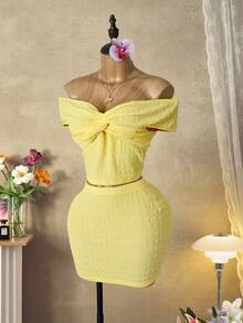 Mistrie 2pcs/Set Women Off Shoulder Textured Twist Design Top And Bodycon Mini Skirt - Yellow - View 5