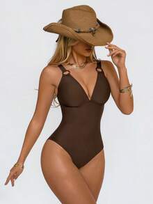 Shapewave 1pc Women's One-Piece Tummy Control Backless Swimsuit With Push-Up Bra And Tie-Up Design, Brown With Natural Buckle, Suitable For Beach & Resort - Brown - View 6