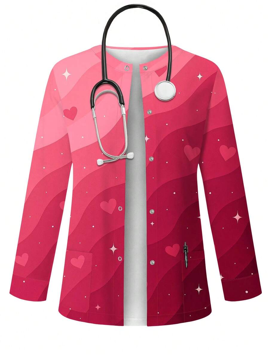 PopScrub Áo khoác nữ kiểu dáng thường ngày, họa tiết hoa ombre và trái tim sao, có khóa kéo, thích hợp làm đồng phục y tá, mùa xuân/thu. - Nhiều màu - Xem 1