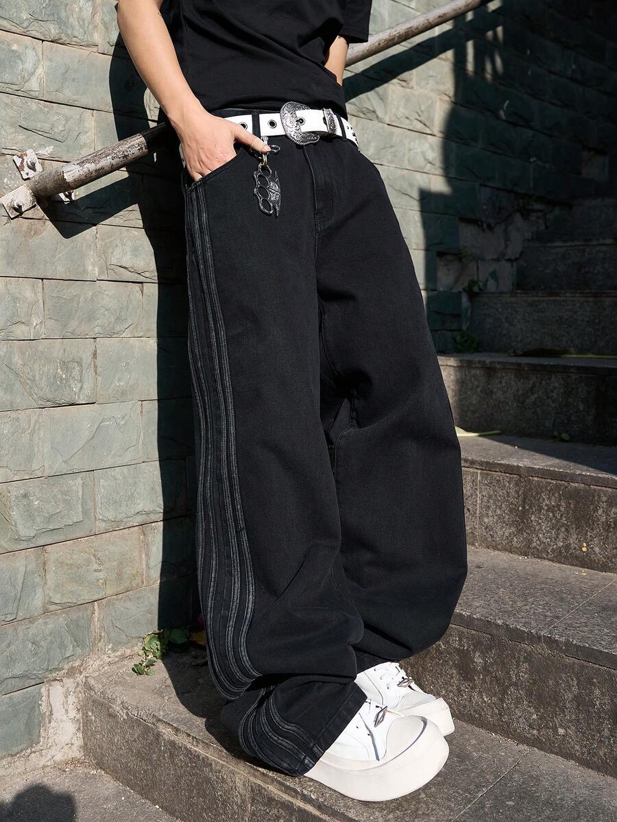 Manfinity EMRG Jeans anchos y sueltos de estilo casual y urbano con rayas de contraste negro en los lados para hombres - Negro - Ver 1