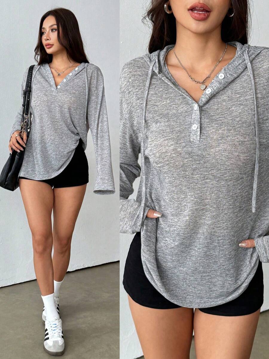 Zielony Women's Casual Loose Fit Gray Hoodie Long Sleeve T-Shirt, Soft & Comfortable, Autumn/Winter Gray Shirt Long Sleeve Top Grey Top Henley Top Grey Hoodie - Grey - View 1