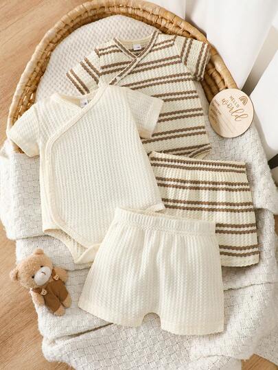 Conjunto de 2 peças para recém-nascido com gola cruzada - Listrado marrom/branco e bege liso, body + shorts, design cruzado fácil de vestir e tirar, macio e confortável, estilo simples e delicado, roupa versátil para o dia a dia do recém-nascido