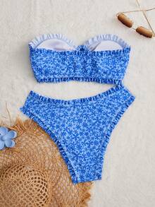 Swim Mod Women's Summer New Sexy Minimalist Floral Print Tie-Up Backless Bikini Set, Suitable For Beach Vacation - Blue - View 3