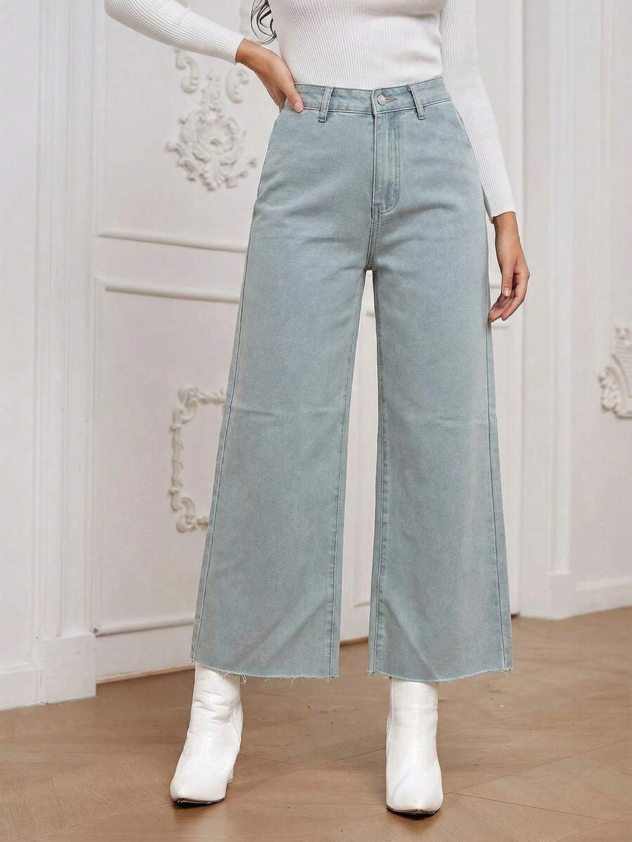 SHEIN Essnce Light Blue Casual Mid-Rise Straight Leg Everyday Jeans - Blue - View 1