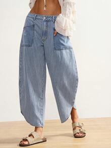 Bohemela Women's Casual Everyday Striped Patch Pocket Loose Fit Denim Jeans, Summer - Light Wash - View 7