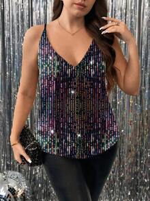 SHEIN Clasi 大码女式纯色亮片装饰宽松吊带背心，适合节日派对穿着 - 黑色 - 查看 1