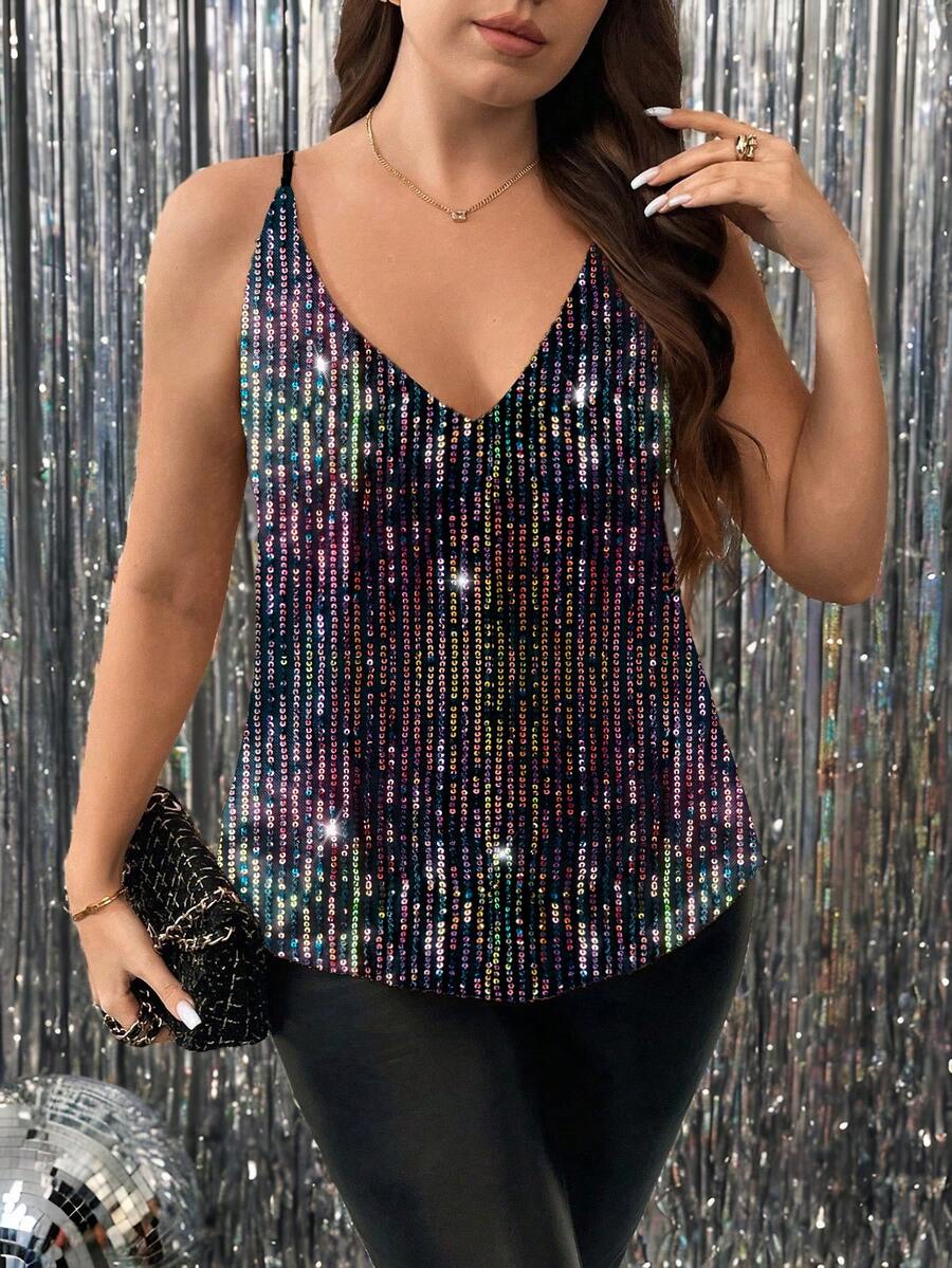 SHEIN Clasi 大码女式纯色亮片装饰宽松吊带背心，适合节日派对穿着 - 黑色 - 查看 1